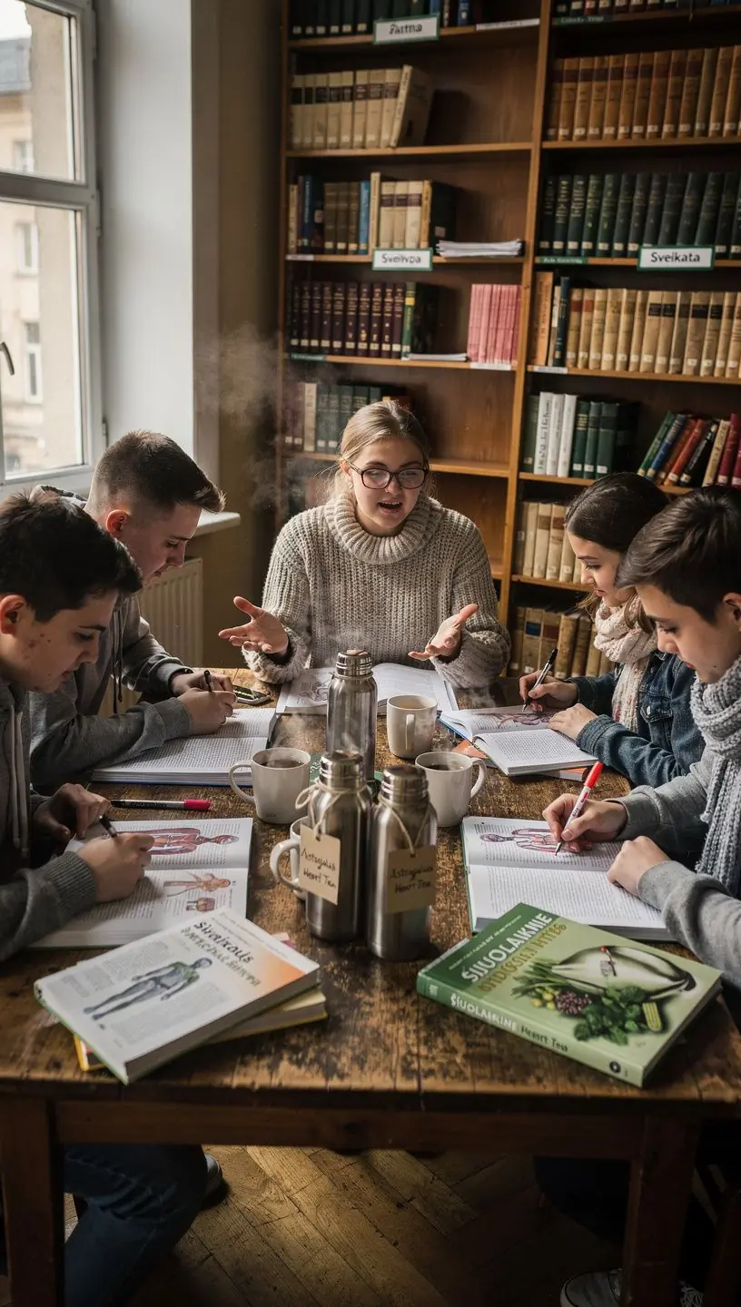 Astragalus širdies arbata, patiekiama elegantiškame puodelyje, su šviežiomis žolelėmis.